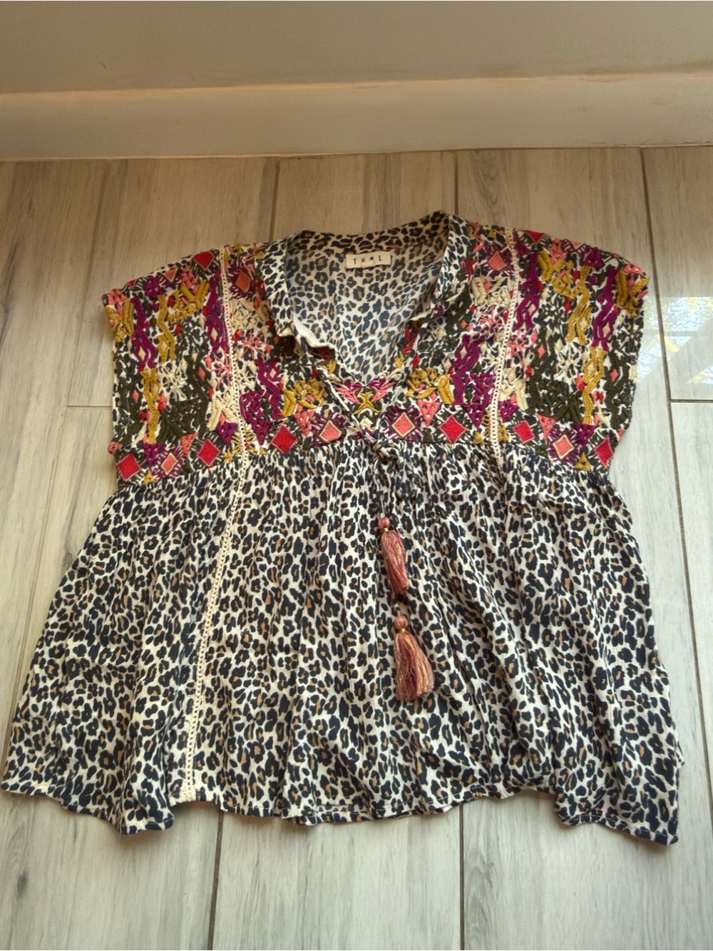 THML Blouse Womens XS Colorful Leopard Embroidered Round Neck Boho oversized